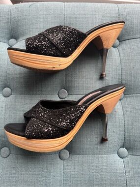 Betsey Johnson Black Sparkly Glitter Slip-On Heels/Platforms Size 7W